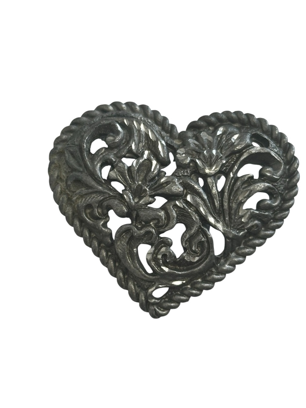 Vintage Heart Western Belt Buckle Silver Tone Floral Filigree Cowboy Rodeo Core